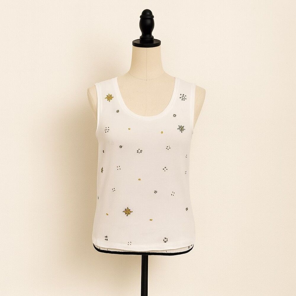 Dex 1963 Women’s Size XS White Beaded Sleeveless Top Floral Embellished Tank